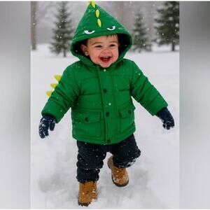 Little Me Dinosaur Hooded Puffer Jacket w/ Fleece Lining Green Boys Size 12M NWT